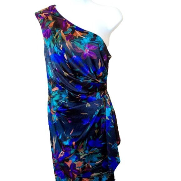 Lovely Satin Floral Asymmetrical One-Shoulder Satin Dress Size 6 Petite - Picture 1 of 7
